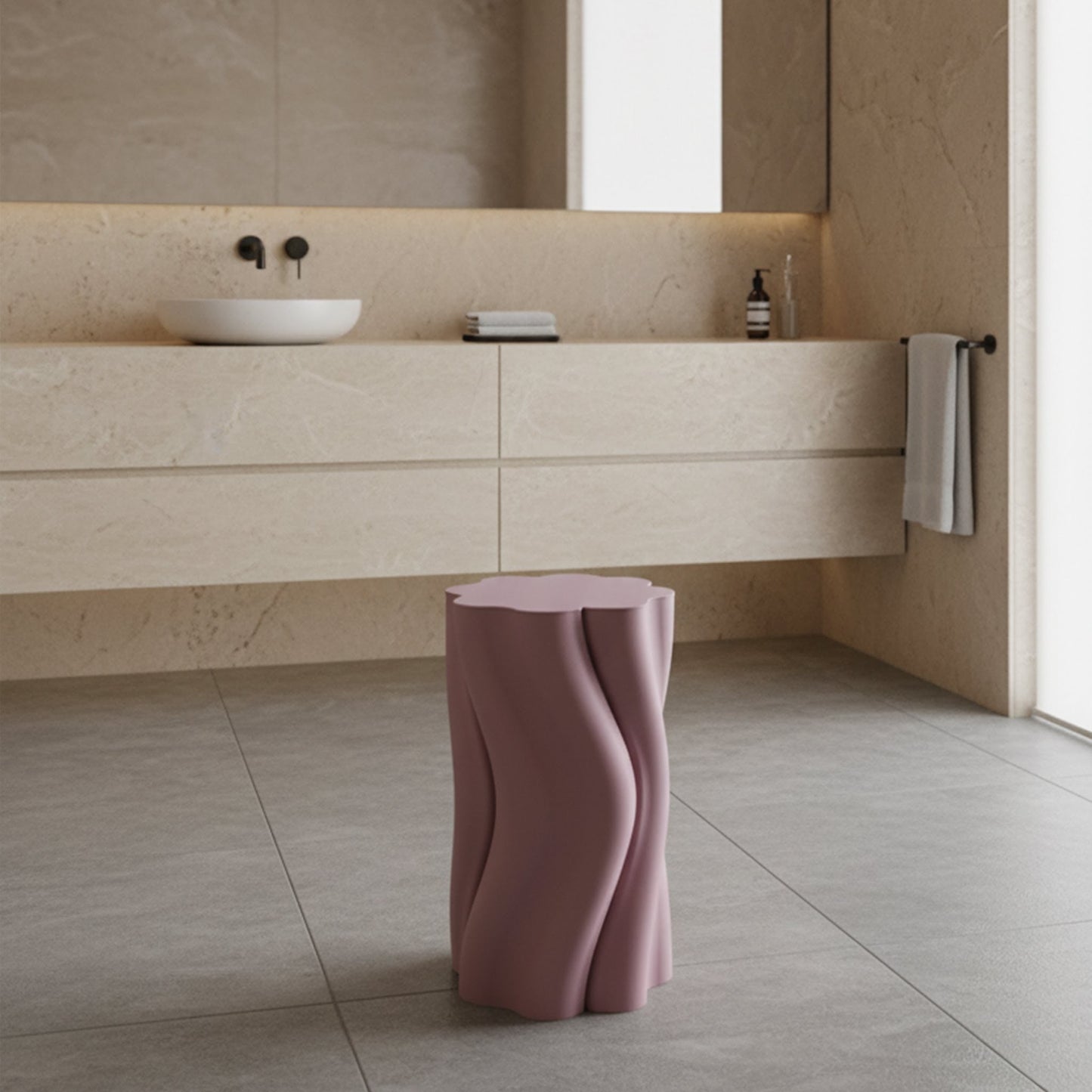 Pink Dune Side Table by Namami Studio in a modern bathroom setting
