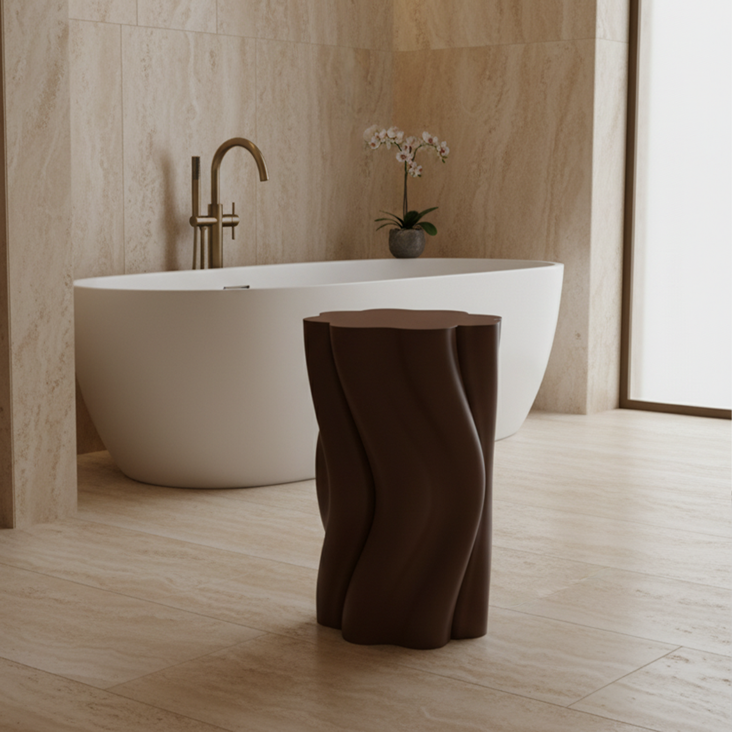 Modern bathroom with Artistic close-up of Dune Side Table’s rippled body structure.