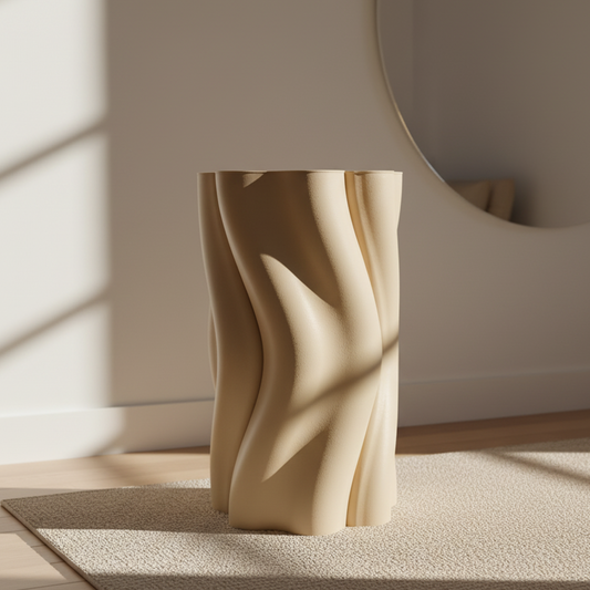Dune Side Table by Namami Studio in Desert Color with wavy design on a light wooden floor.