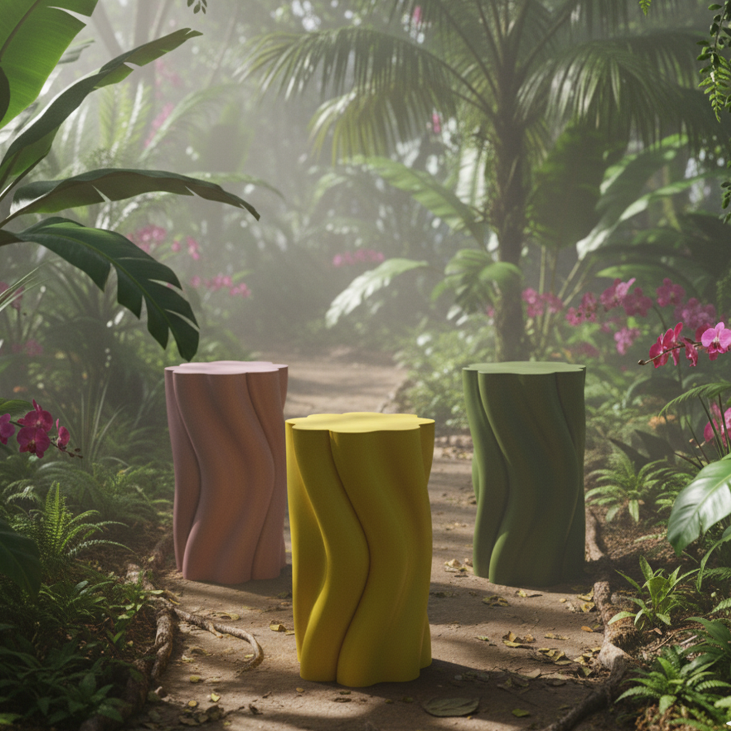 Colorful Dune side tables in a tropical garden setting