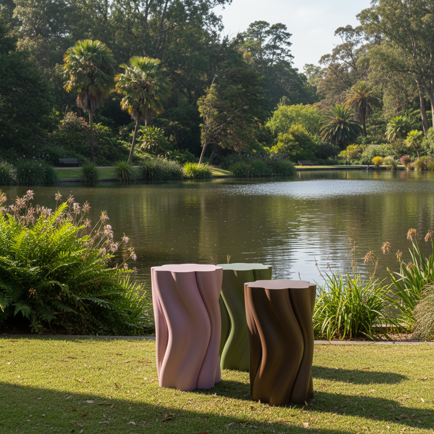 Three wavy-textured outdoor Dune side Tables by a lake with greenery