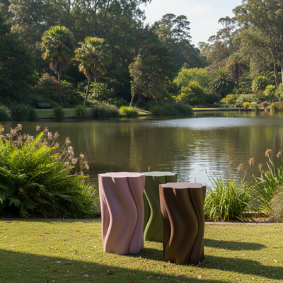 Three wavy-textured outdoor Dune side Tables by a lake with greenery