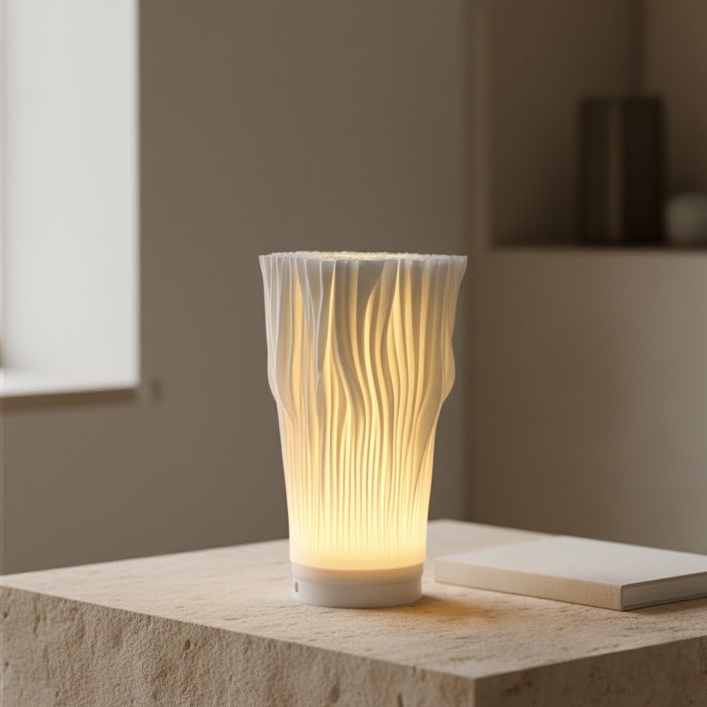 Portable Coral Lamp on a light stone surface in a contemporary room. The lamp casts a warm 3000K light, complementing minimalist decor.