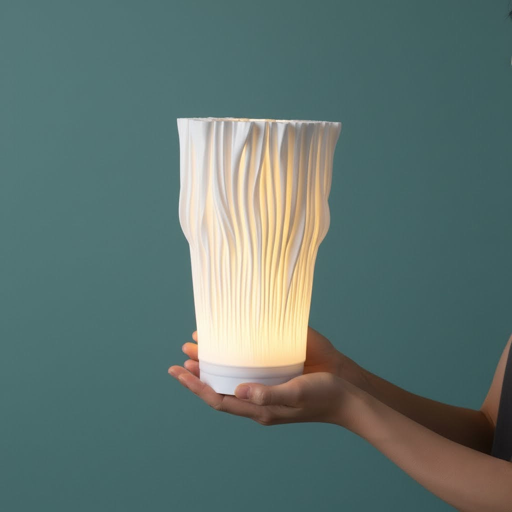 Close-up of hands cradling an illuminated Portable Coral Lamp against a teal background. Emphasizes its unique organic texture and warm glow.