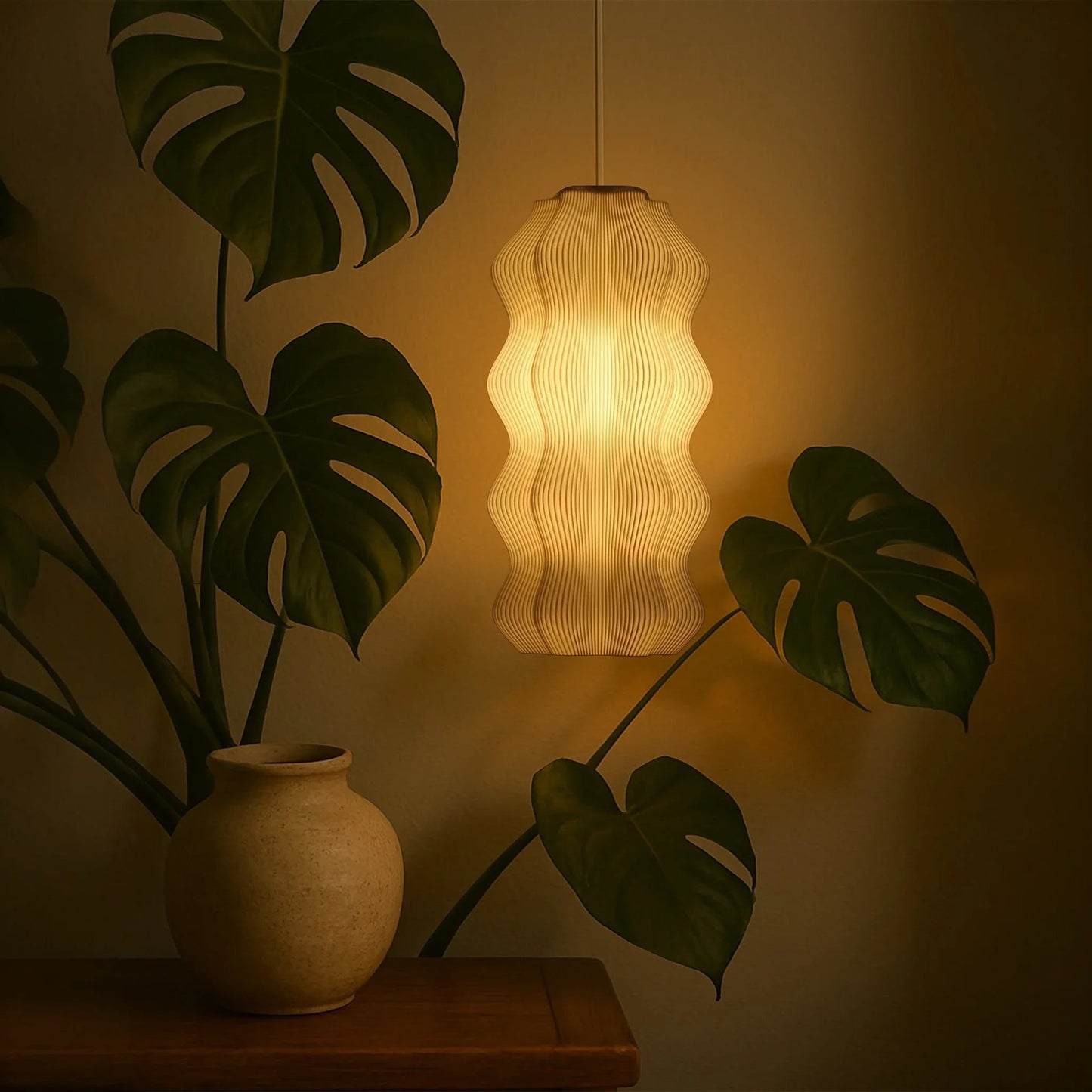 Japanese-inspired ceiling lamp in a minimalist home office