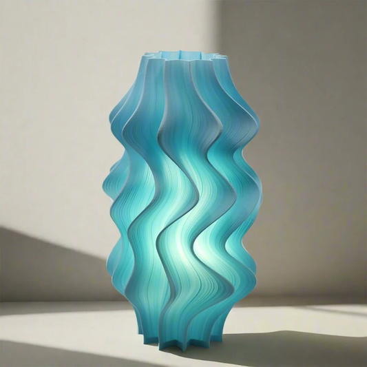 Designer Iris Lamp Blue glowing in luxury powder room