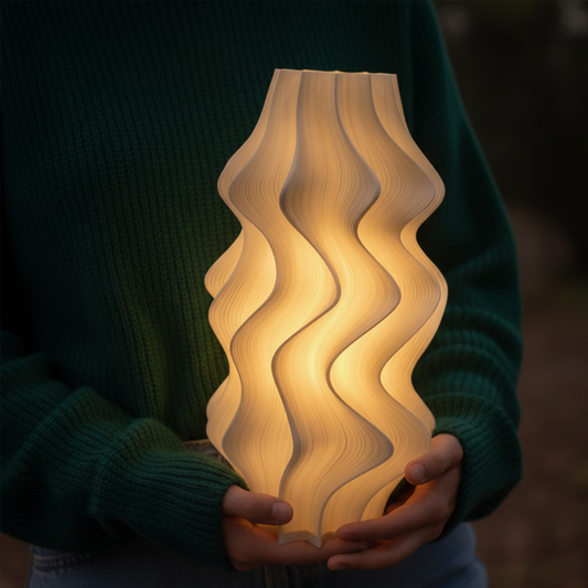 Person holding the Iris Lamp in white, a 3D printed sculptural light with flowing wavy design, glowing warmly against a dark background.