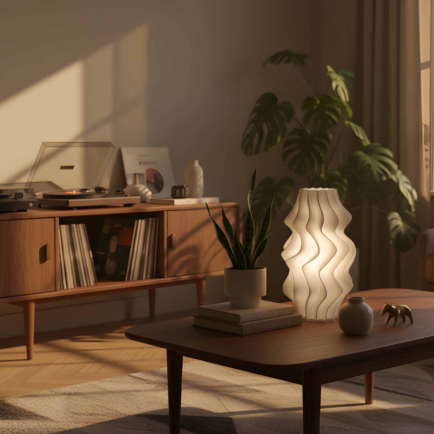 White wavy sculptural Iris lamp glowing on wooden coffee table in warm minimalist living room with sunlight and plants.