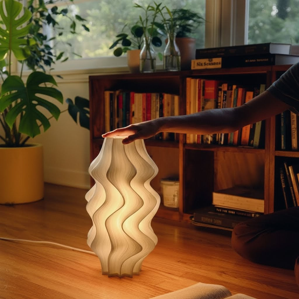 Wavy-patterned Iris Lamp lamp being held in a room with books and plants