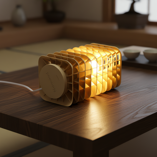 Close-up of the Kengo Tō lamp lying horizontally, revealing its internal ribbed structure and Namami Studio logo