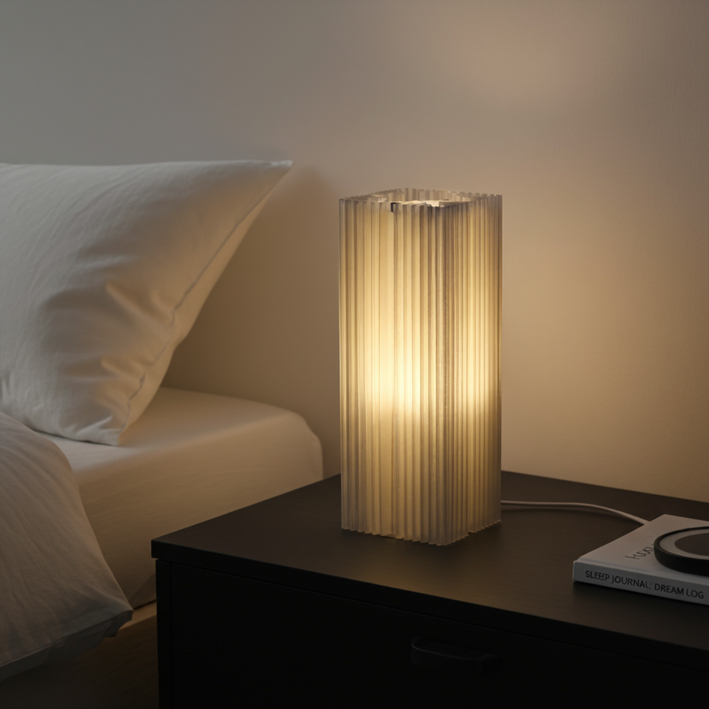 Brutalist-inspired 3D printed lamp with layered rhythm on a side table.