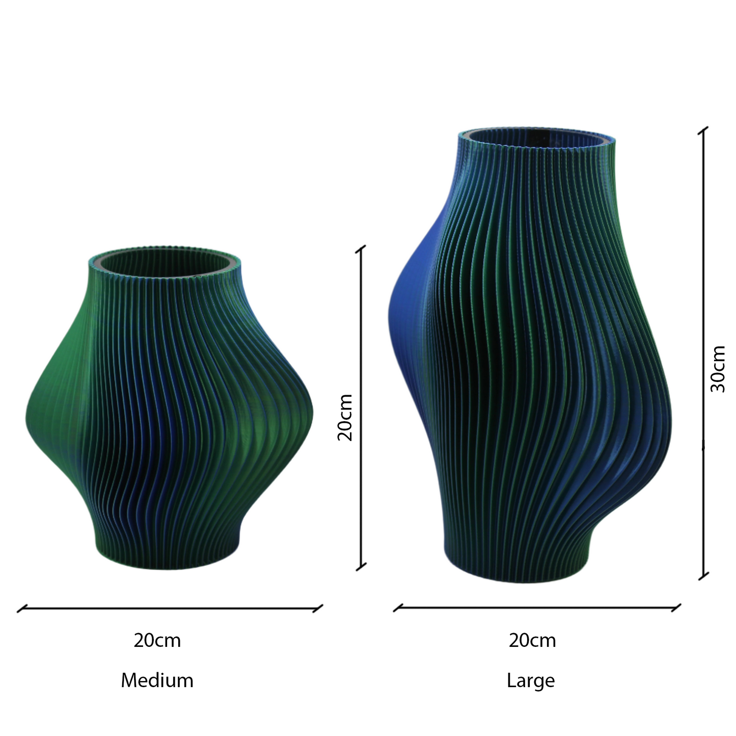Two Ripple green vases, one medium and one large, with dimensions indicated on a white background.