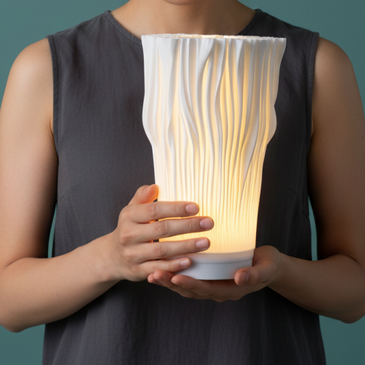 woman holding an illuminated Portable Coral Lamp, showcasing its unique textured design and soft 3000K glow. Sustainable home decor.