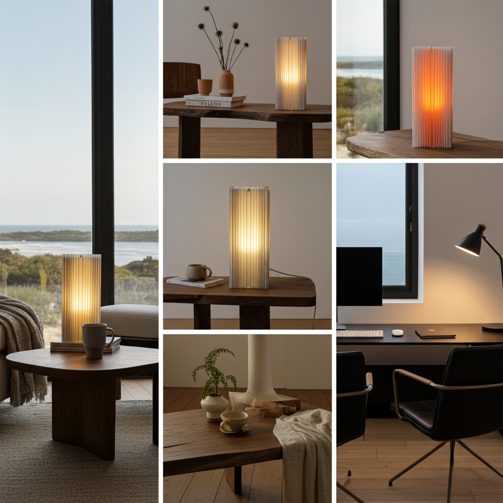 Collage of Shard Lamp images showcasing its Brutalist-inspired design, translucent ridged shell, removable diffuser, and warm ambient glow in different settings.