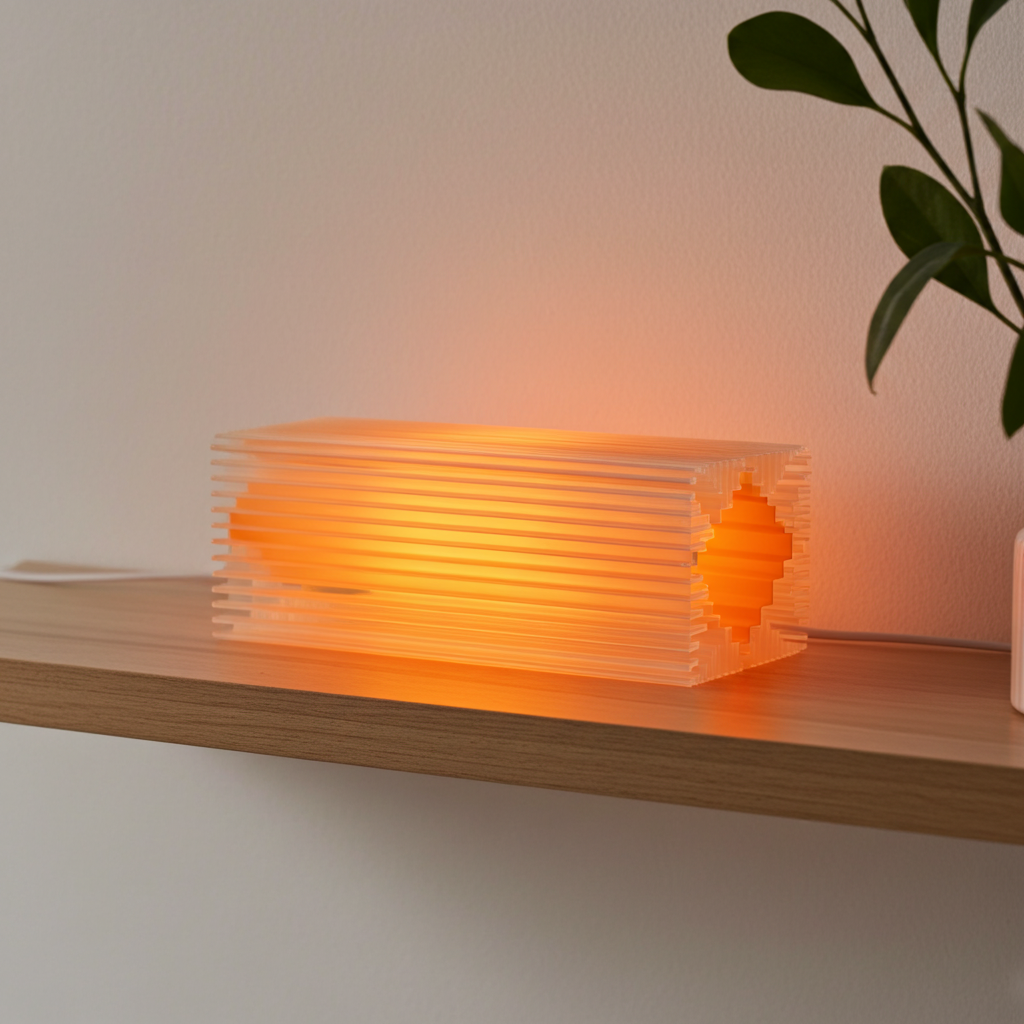 Horizontal Shard Lamp in mandarin placed on books in living room, diffused glow enhancing interior ambience.