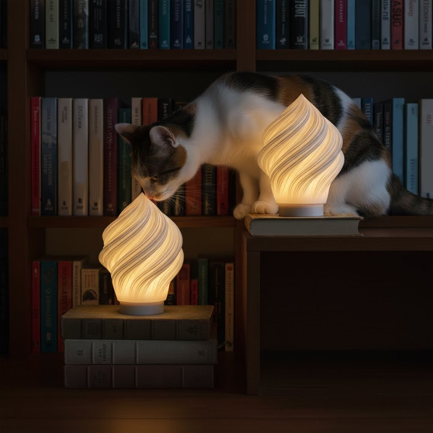 Cat playing with a textured Soft Serve lamp in a dimly lit room with bookshelves.