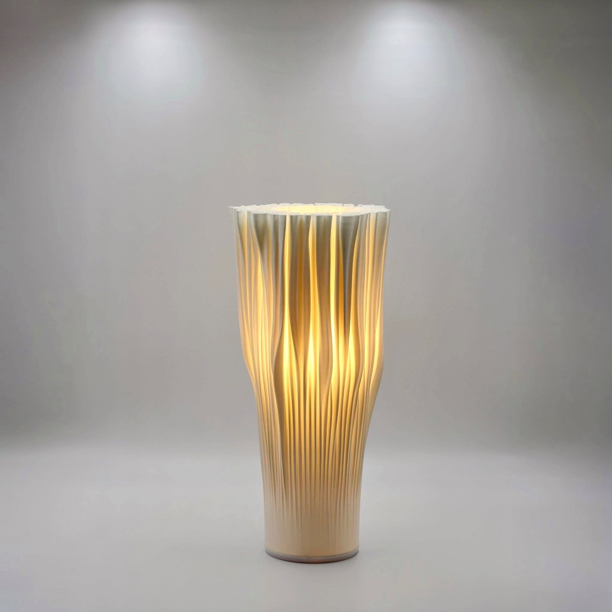 Coral Lamp illuminating minimalist bedroom shelf