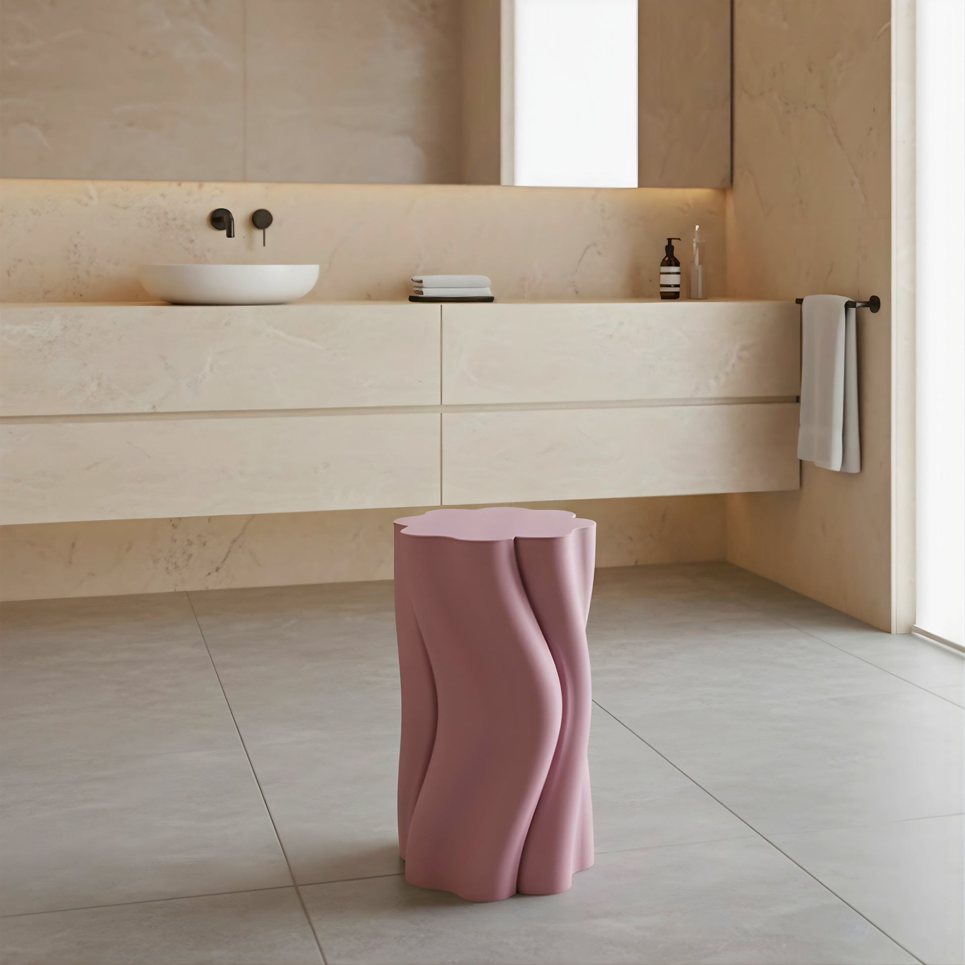 Pink  Dune Side Table by Namami Studio in a modern bathroom setting