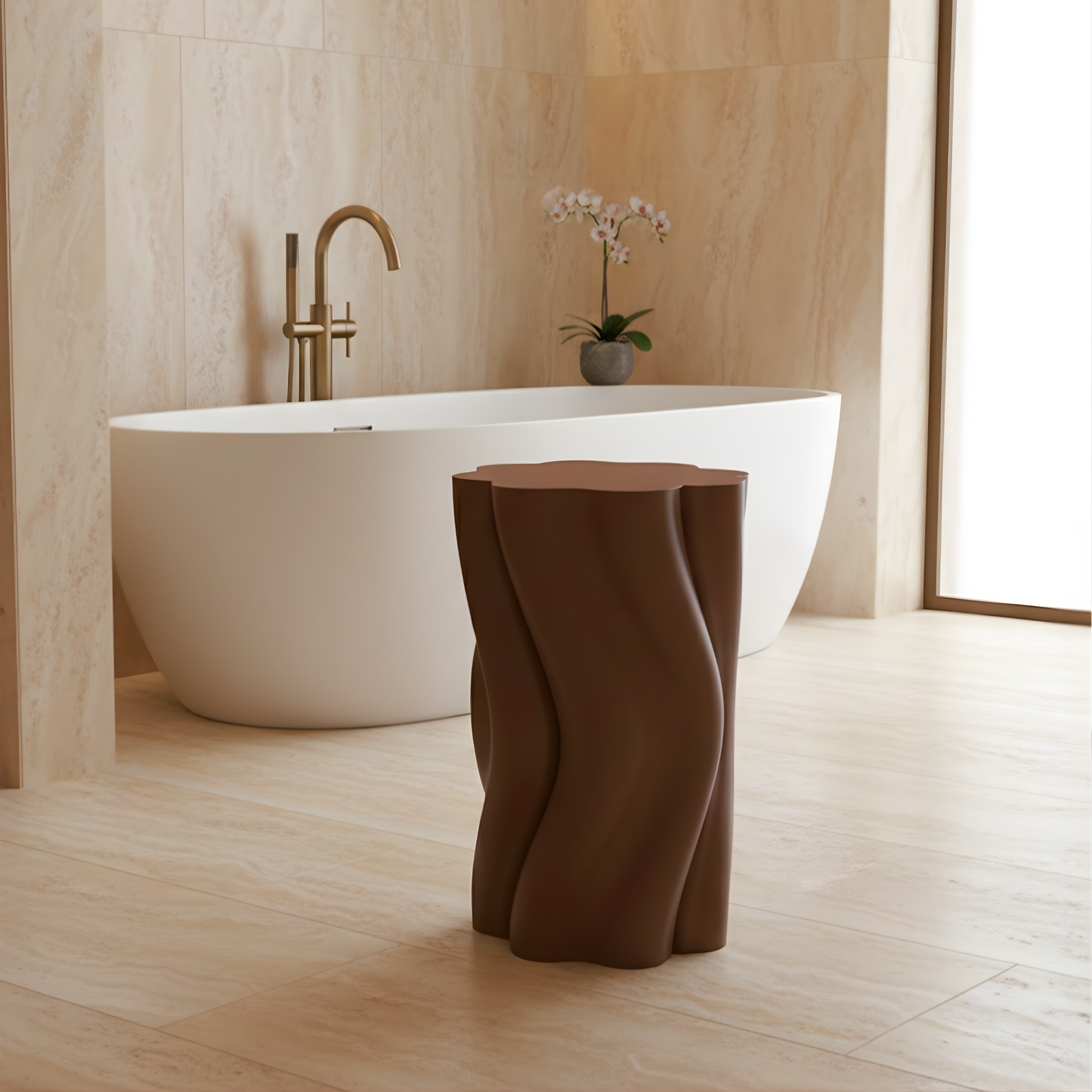 Modern bathroom with  Artistic close-up of Dune Side Table’s rippled body structure.