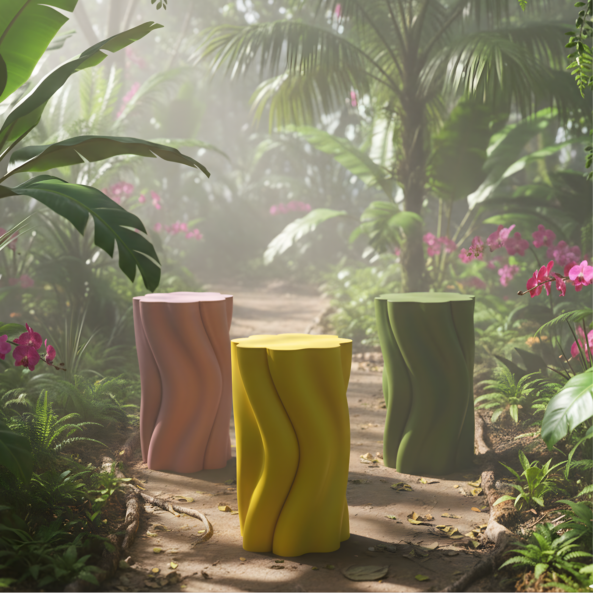 Colorful Dune side tables in a tropical garden setting