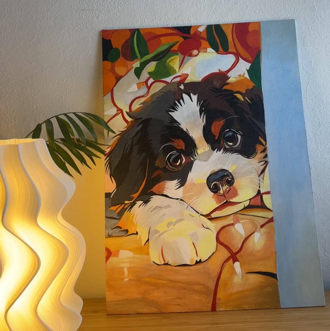 Painting of a dog on a wooden surface with a lamp in the background
