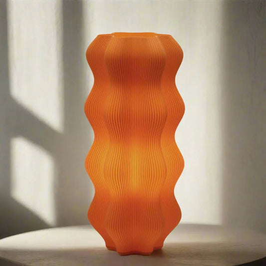 Harp Lamp Namami,Harp Lamp beside sofa – artistic lighting solution orange