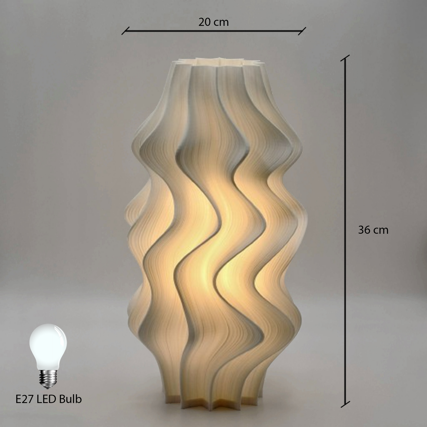 Wavy-patterned lamp with dimensions and an E27 LED bulb on a neutral background