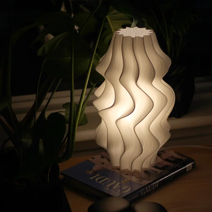 Handcrafted Iris Lamp placed in curated living room shelf