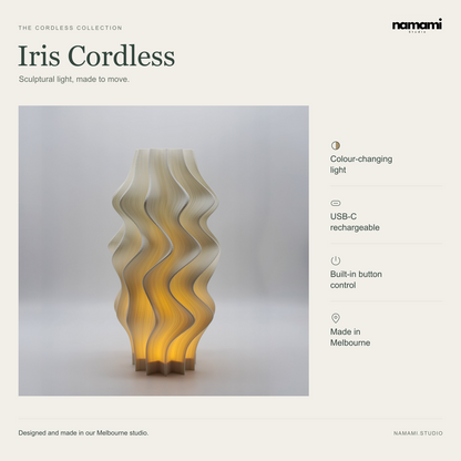 Iris Cordless lamp features: colour-changing light, USB-C rechargeable, built-in button control, made in Melbourne