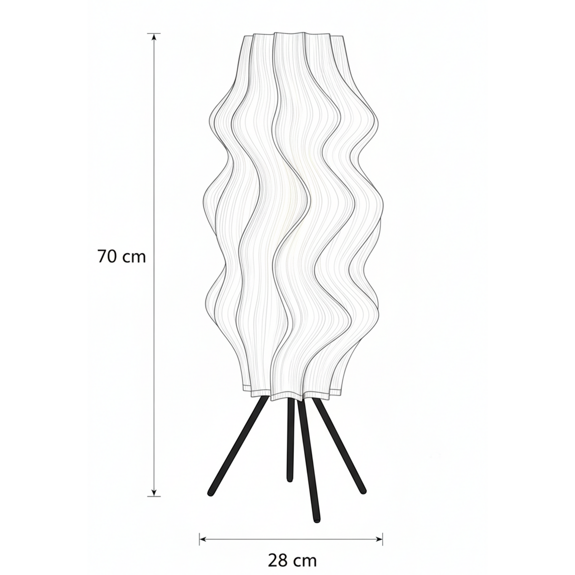 Line drawing of a Iris floor lamp with dimensions on a white background
