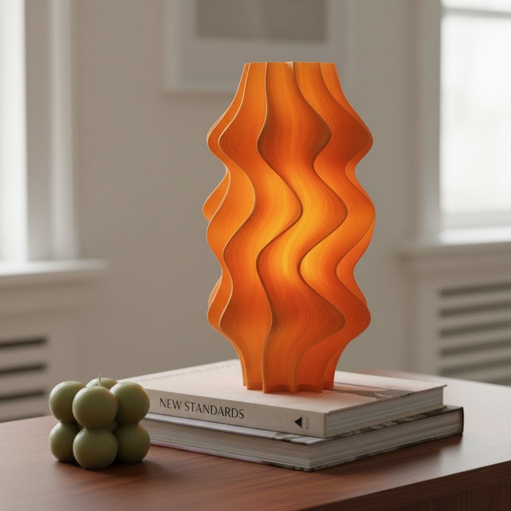 Mandrin Iris wavy table lamp on a stack of books with a decorative item on a wooden surface.