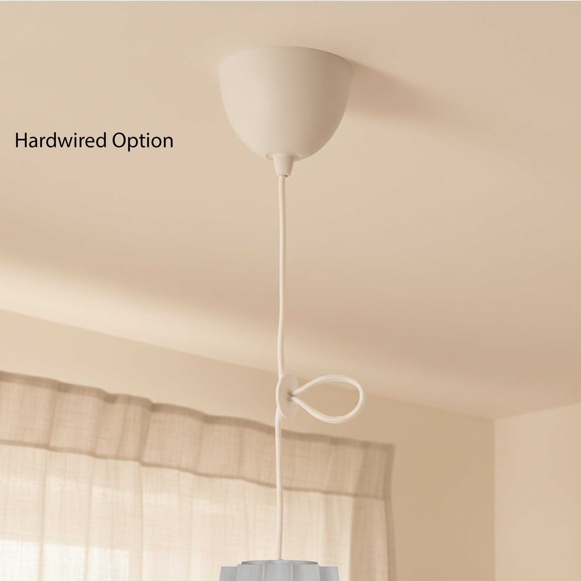 Ceiling with a Iris white pendant light fixture labeled 'Hardwired Option'.
