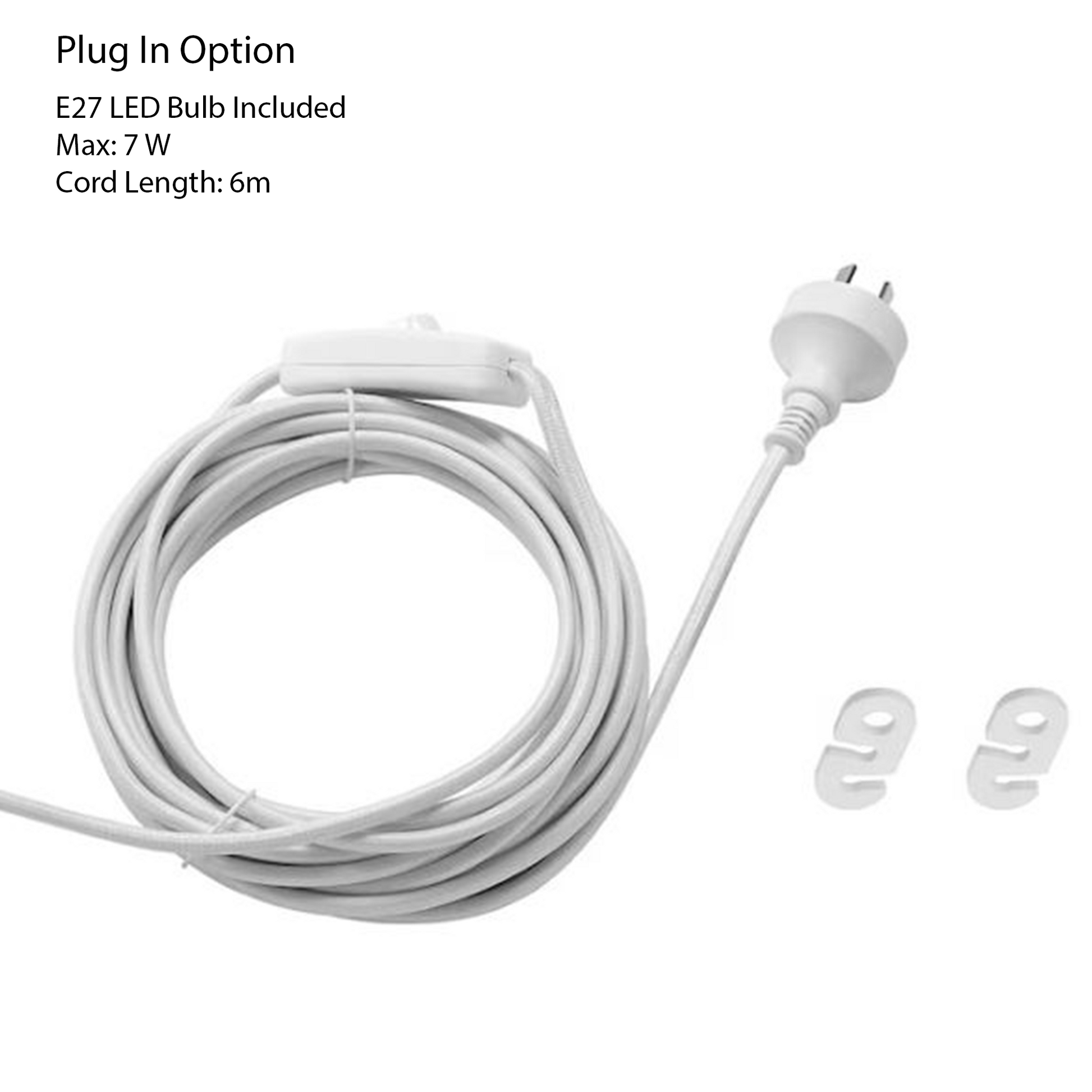 White extension cord with plug and E27 LED bulb included on a white for Iris Lamp.