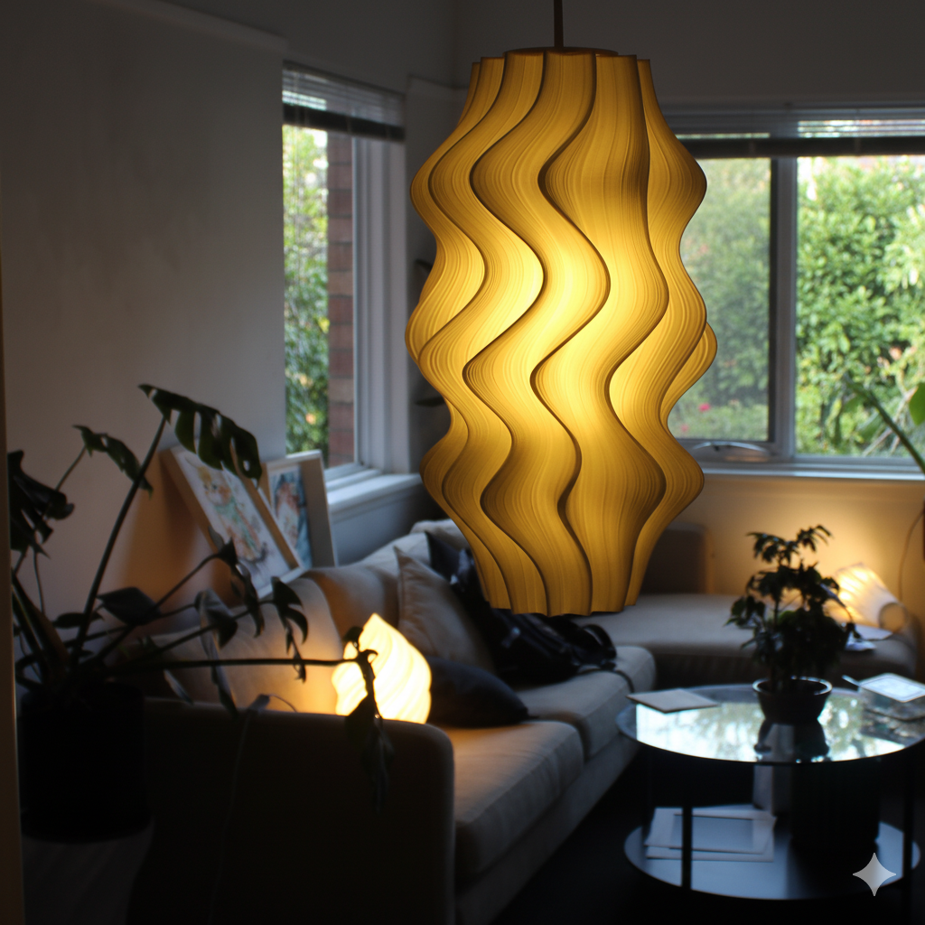 Living room with a large Iris-patterned lamp casting a warm glow.
