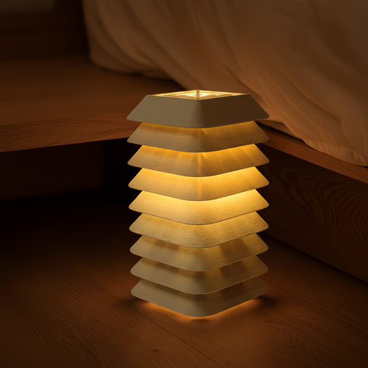 Kengo Tō lamp beside a bed on a wooden floor, glowing warmly and creating soft gradients of light beneath it.