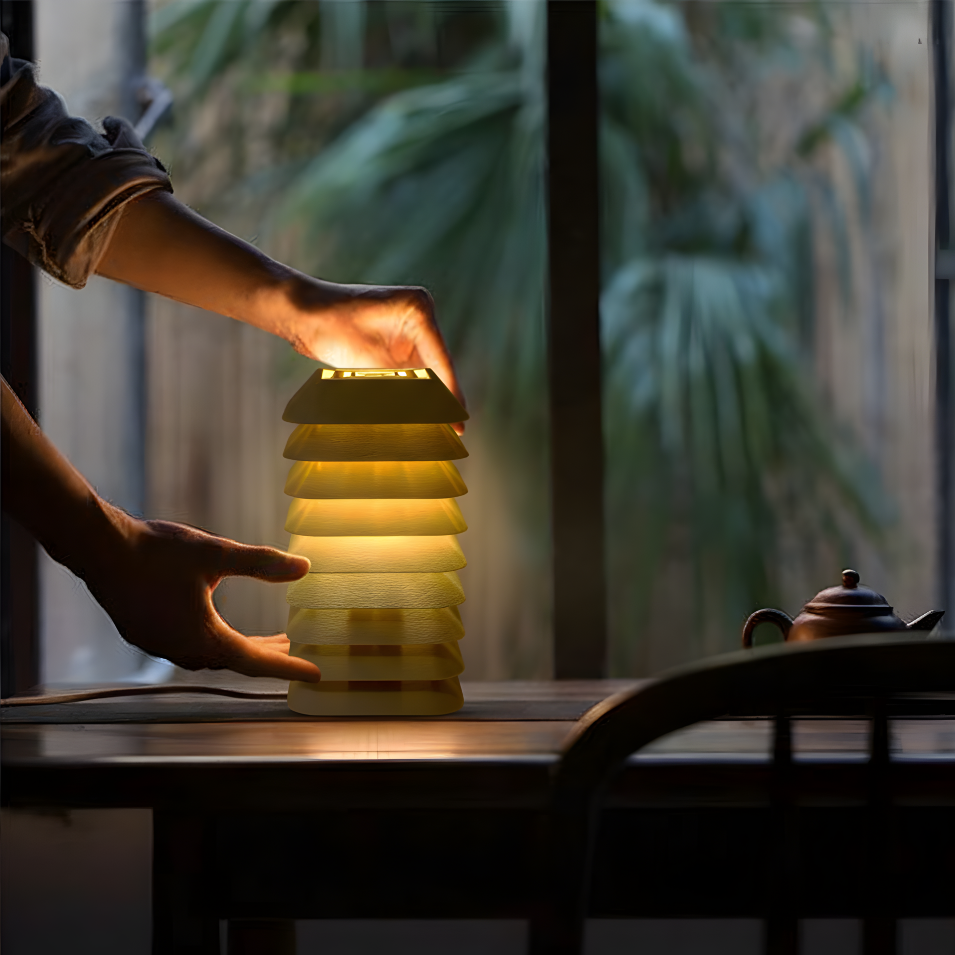 Kengo Tō lamp being gently placed on a wooden table near a window, illustrating its warm diffused light in a natural setting.