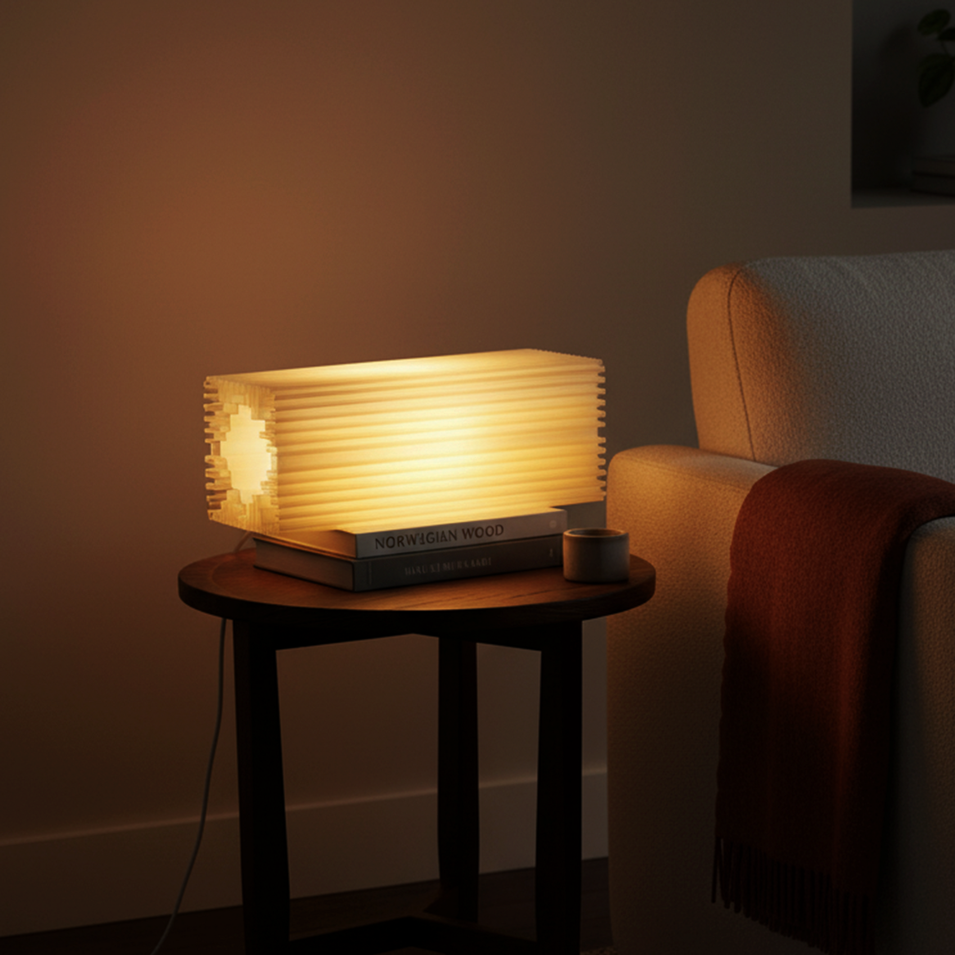Shard Lamp, Brutalist-inspired 3D printed light with sculptural ridges and cozy diffuser glow