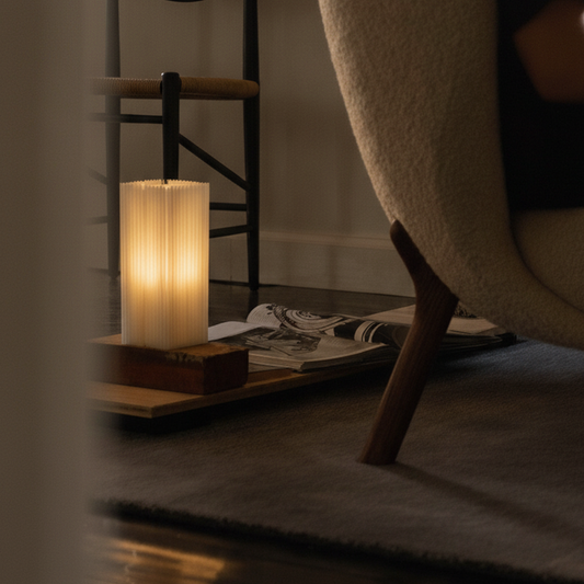 Sustainable Shard Lamp glowing in a living room setting, sculptural designer lighting piece.