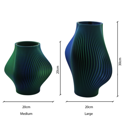 Two Ripple green vases, one medium and one large, with dimensions indicated on a white background.