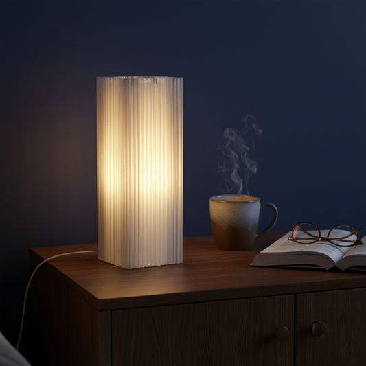 Brutalist-inspired shard lamp in home setting, radiating soft and sculptural light.