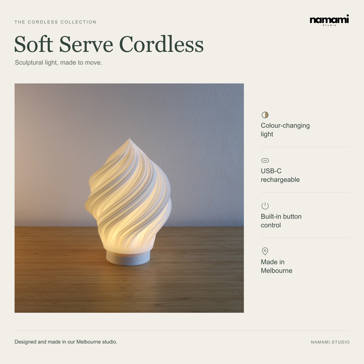 Soft Serve Cordless lamp features: colour-changing light, USB-C rechargeable, built-in button control, made in Melbourne