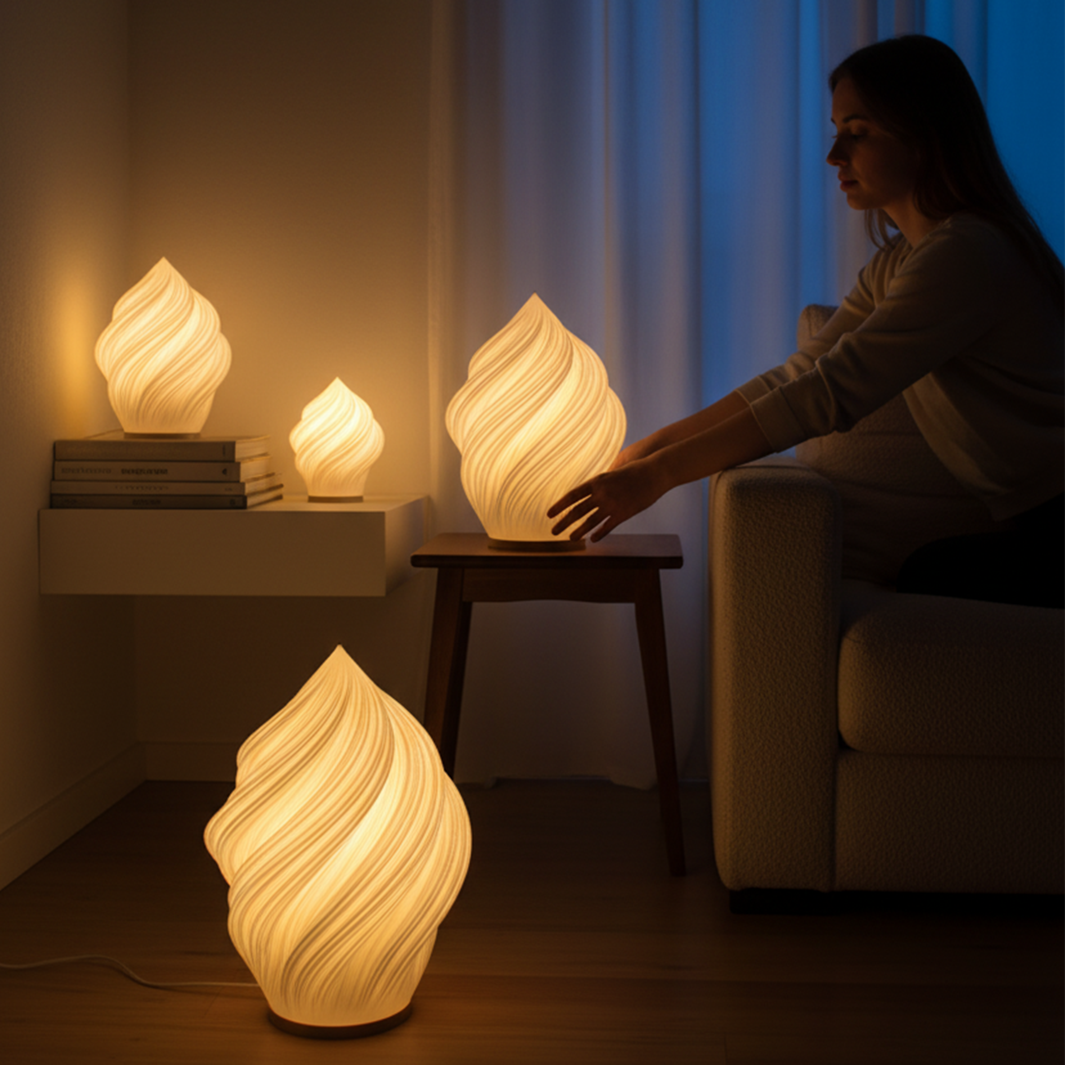 Woman interacting with a Soft Serve textured table lamp in a cozy room setting.