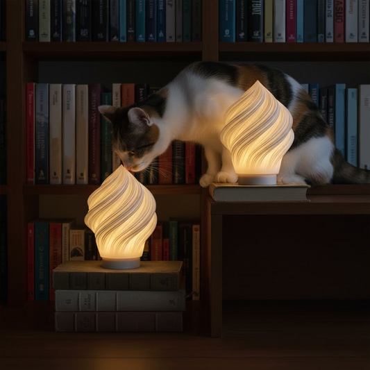 Cat playing with a textured Soft Serve  lamp in a dimly lit room with bookshelves.