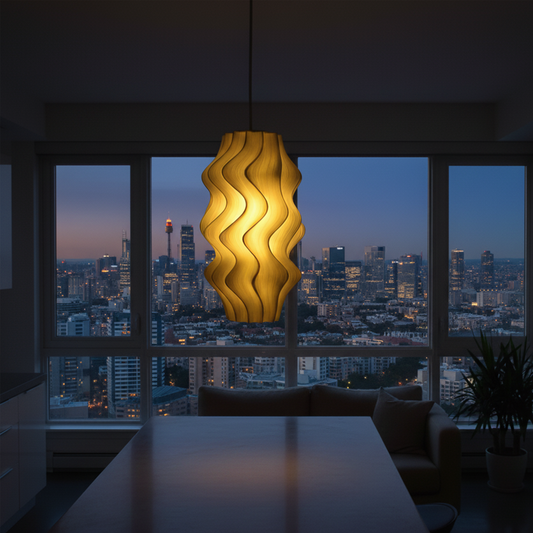 Modern interior with a Iris Pendant light fixture and cityscape view through large windows.