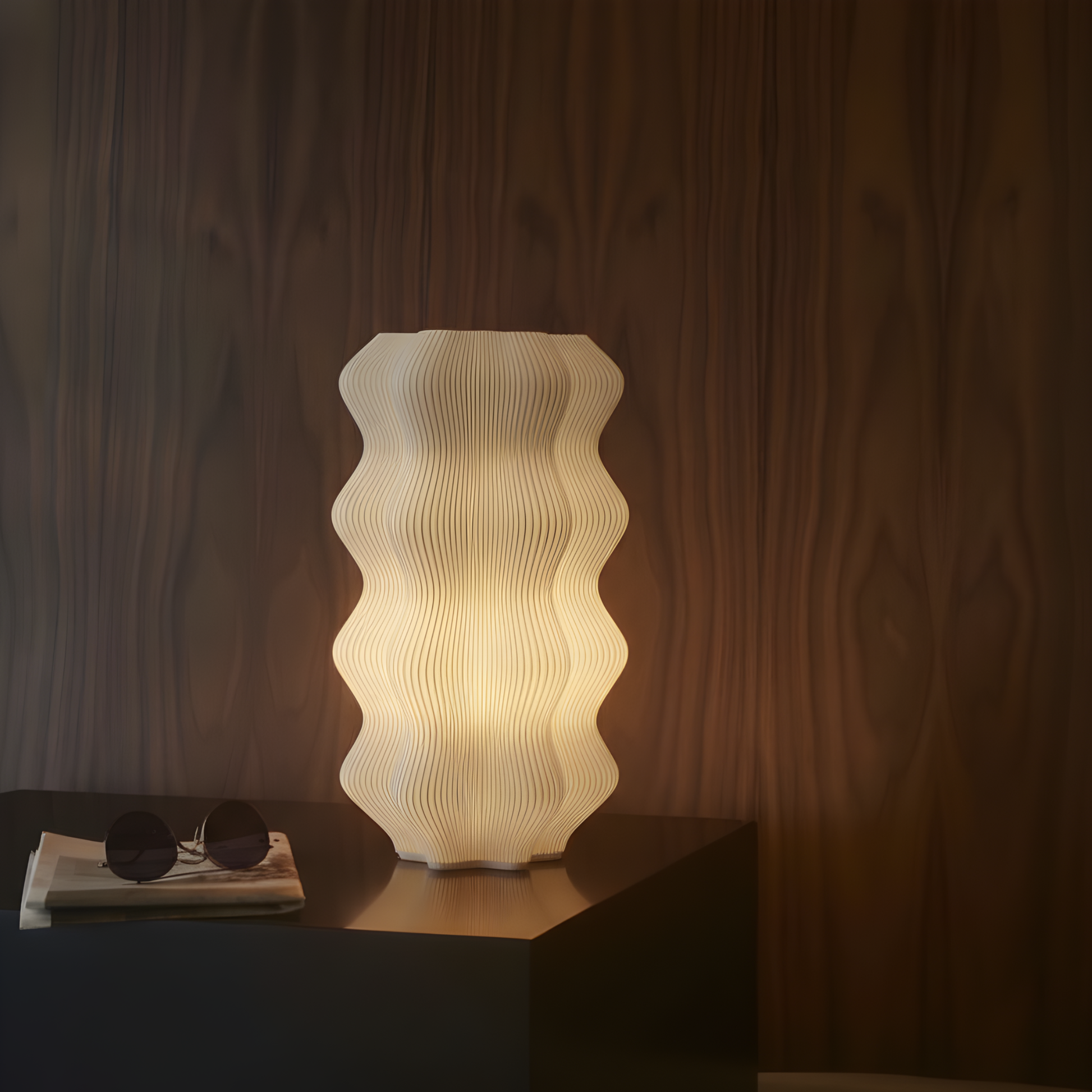 Wave-patterned Harp Table lamp on a dark surface with a wooden background