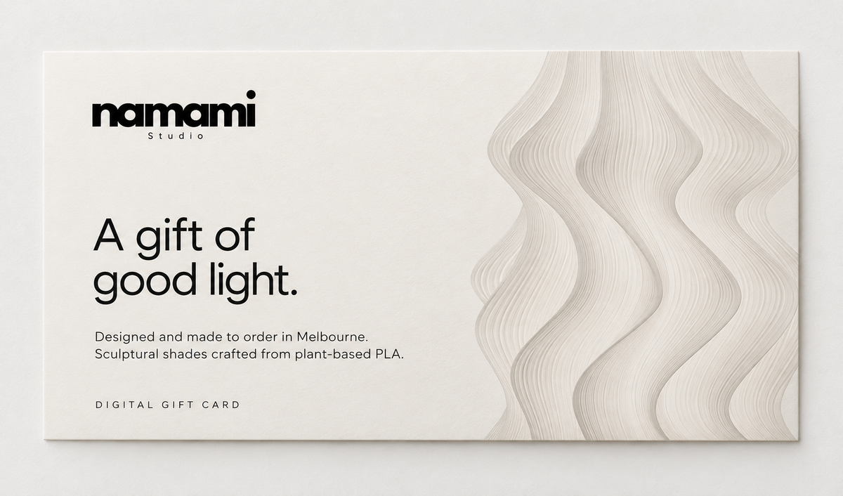 Namami Studio digital gift card featuring the Iris lamp's flowing pleat texture