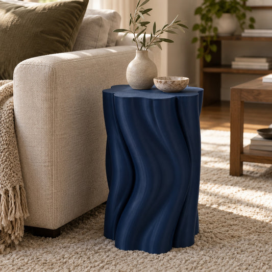 Deep Navy Dune Stool and Side Table in a living room setting
