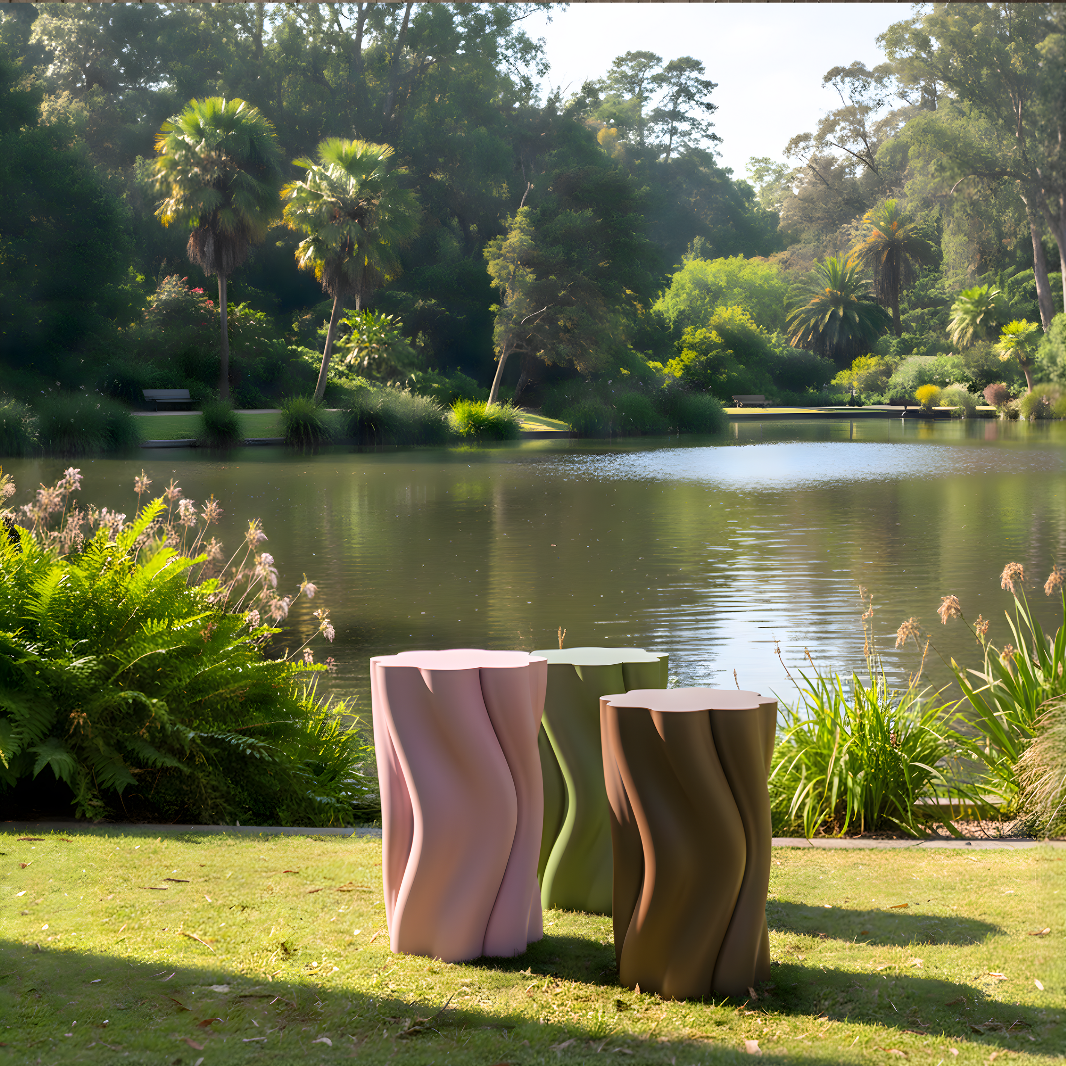 Three wavy-textured outdoor Dune side Tables by a lake with greenery